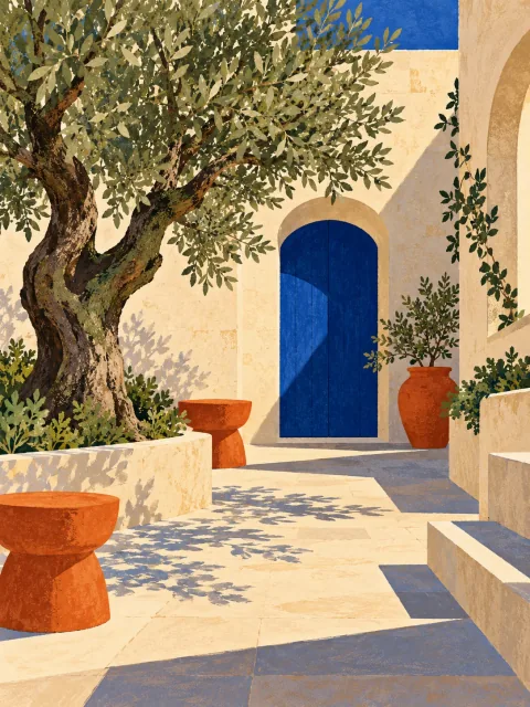 Illustrative courtyard concept with stone, shade, and an olive tree