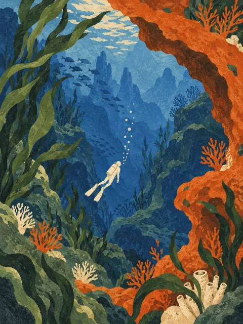 Illustrative deep ocean cover art with a tiny diver