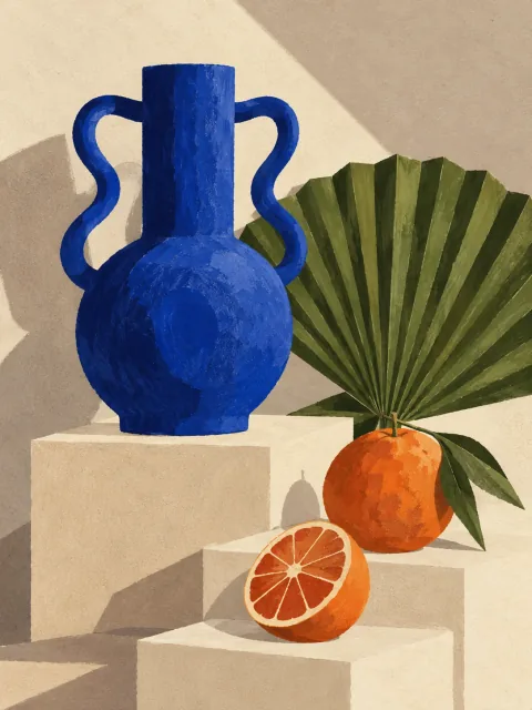 Illustrative campaign still life with a cobalt blue glass vase and citrus