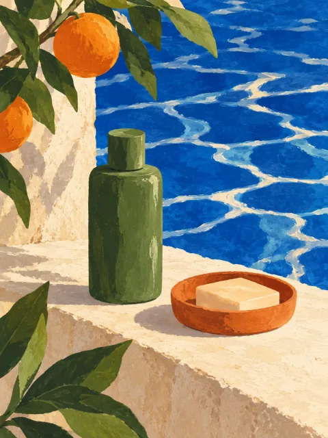 Illustrative skincare product on a sunlit stone ledge