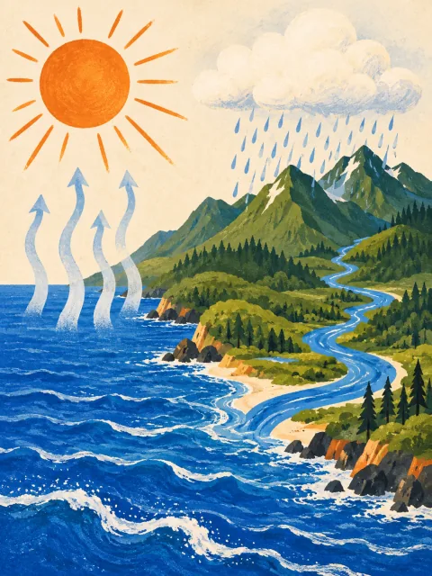 Illustrative water cycle over a green landscape, without labels