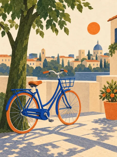 Illustrative bicycle detail in warm city light
