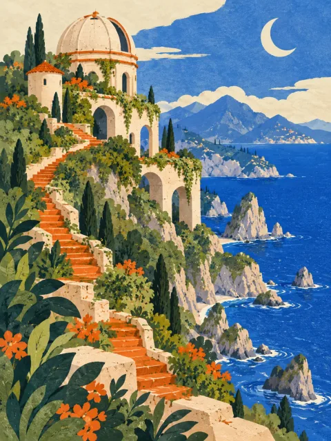 Illustrative overgrown observatory on a misty cliff