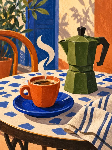 Illustrative orange coffee cup against a vivid blue backdrop