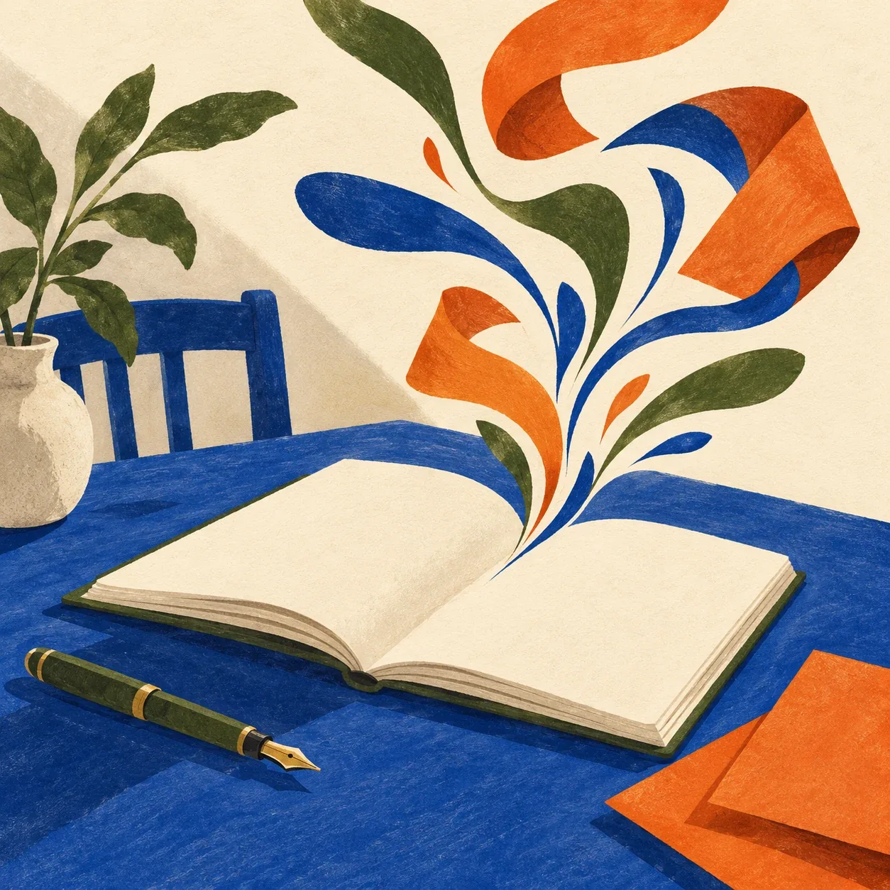 An open cream notebook on a cobalt blue writing desk, a moss green fountain pen and folded burnt orange paper sheets